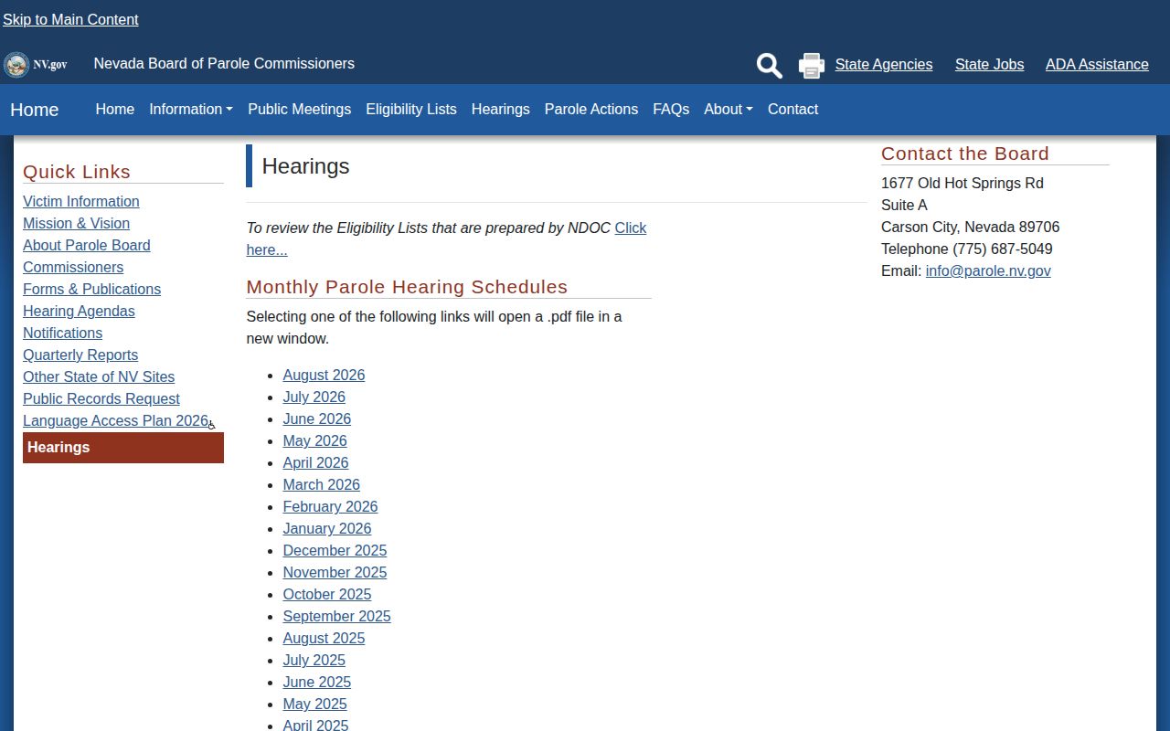 Nevada Parole Board monthly hearing schedule page