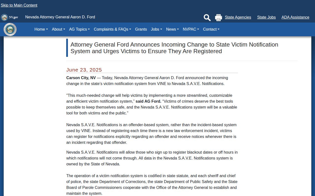 Nevada Attorney General announcement replacing VINE with SAVE