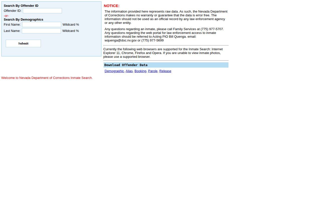 Nevada Department of Corrections offender search form